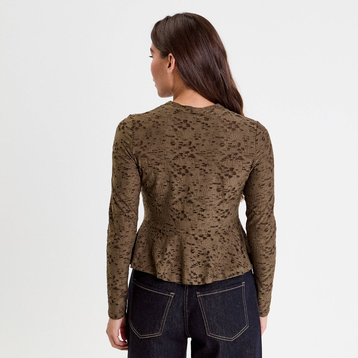 Blouse ajustée col rond manches longues vert kaki femme