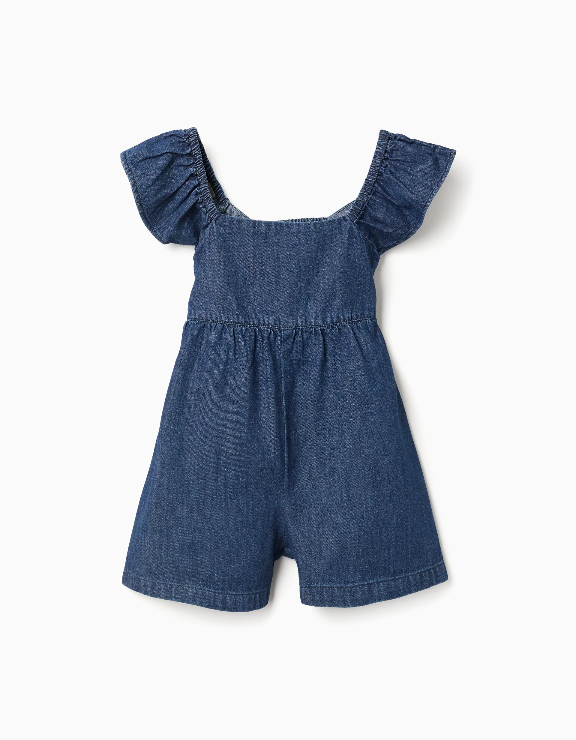 Denim playsuit with ruffled sleeves for girls, dark blue
