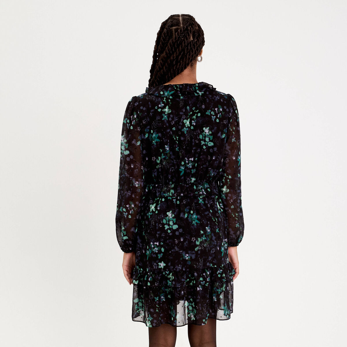 Robe courte évasée col V manches longues noir femme