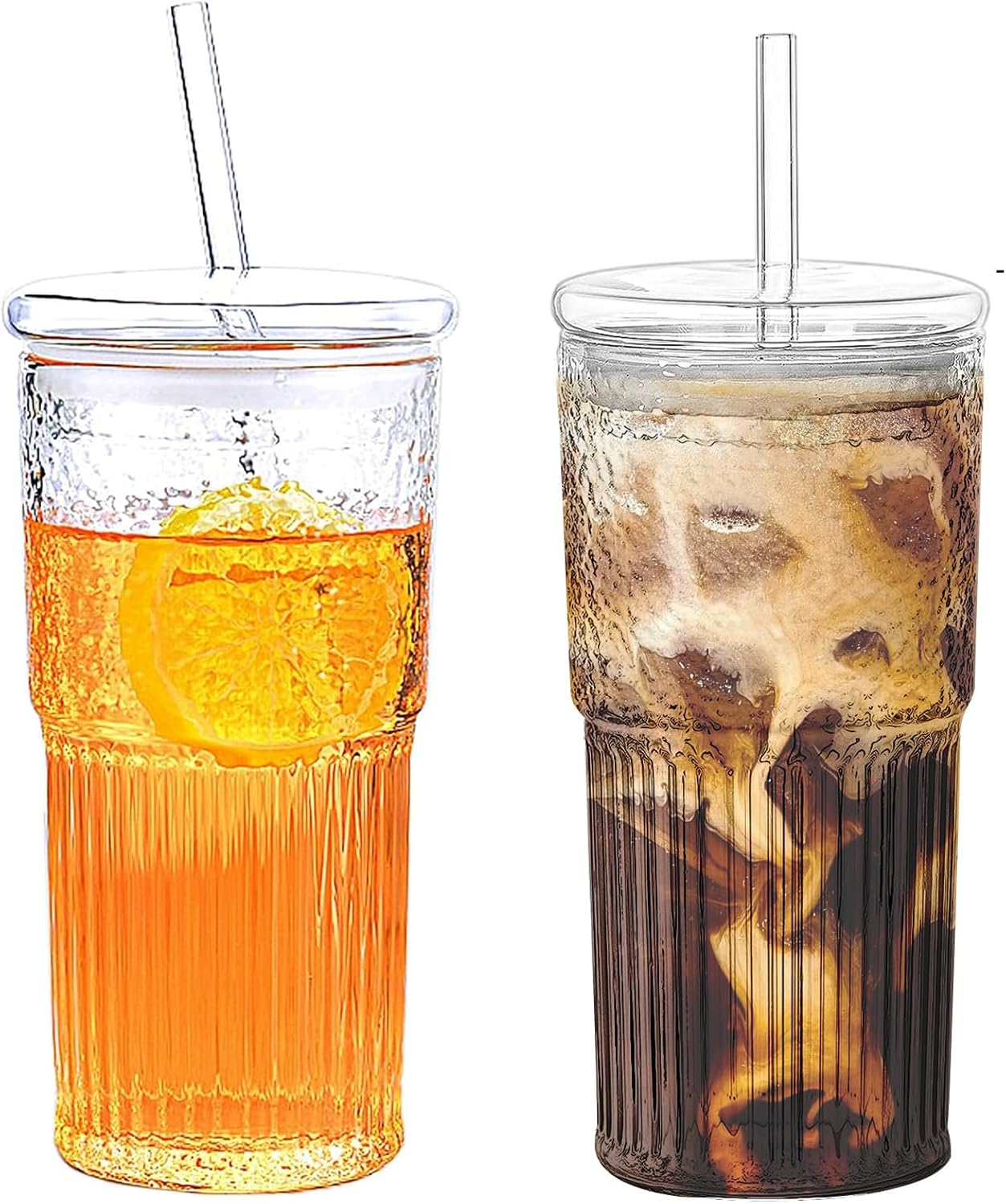 2PCS Glass Cups with Lids and Glass Straws  20OZ Iced Coffee Cups  Home Essential and Coffee Bar Accessories Borosilicate Glass Tumblers with Lid and Straw for Beer  Cocktail  Tea and Latte  Clear