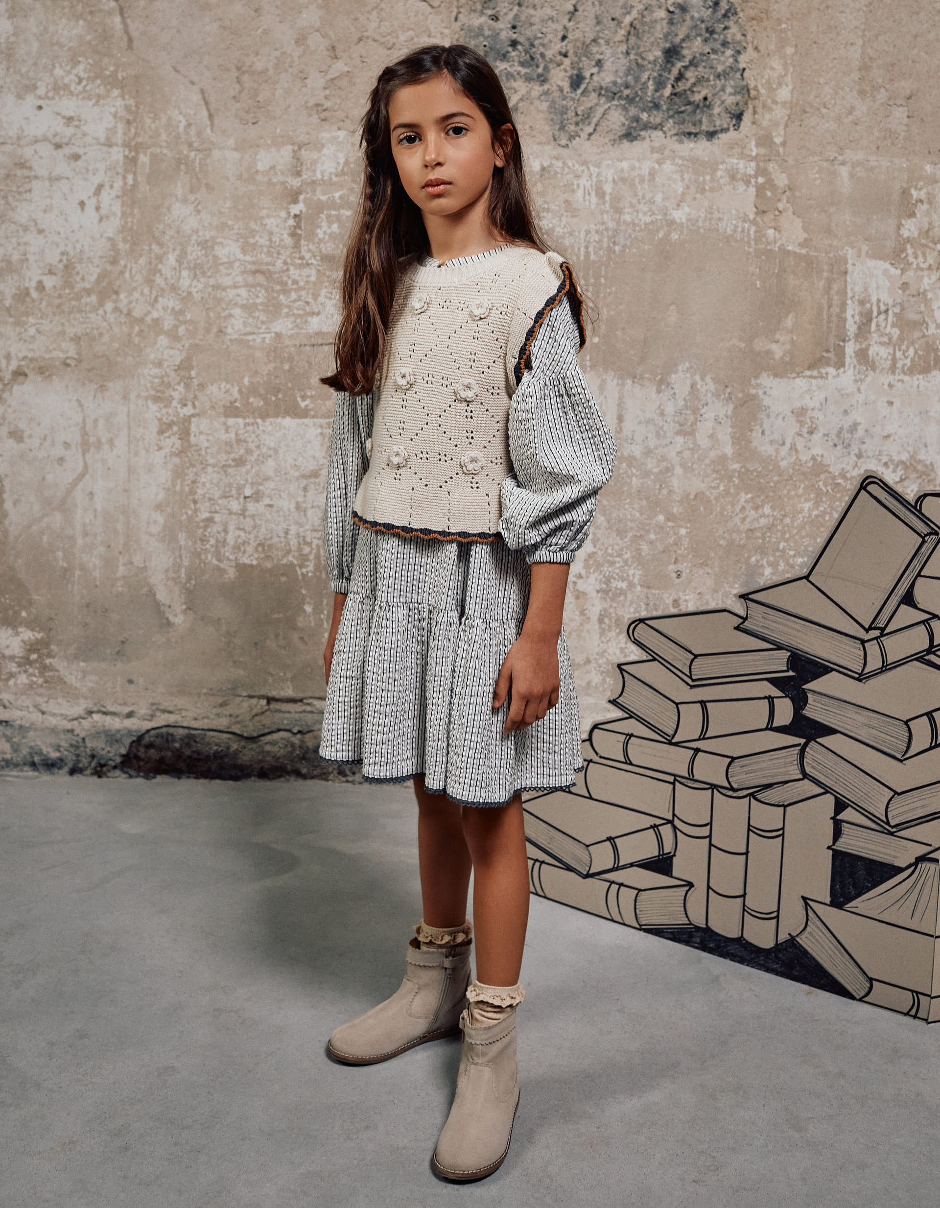 Striped cotton dress with puffy sleeves B&S for girls, white/grey
