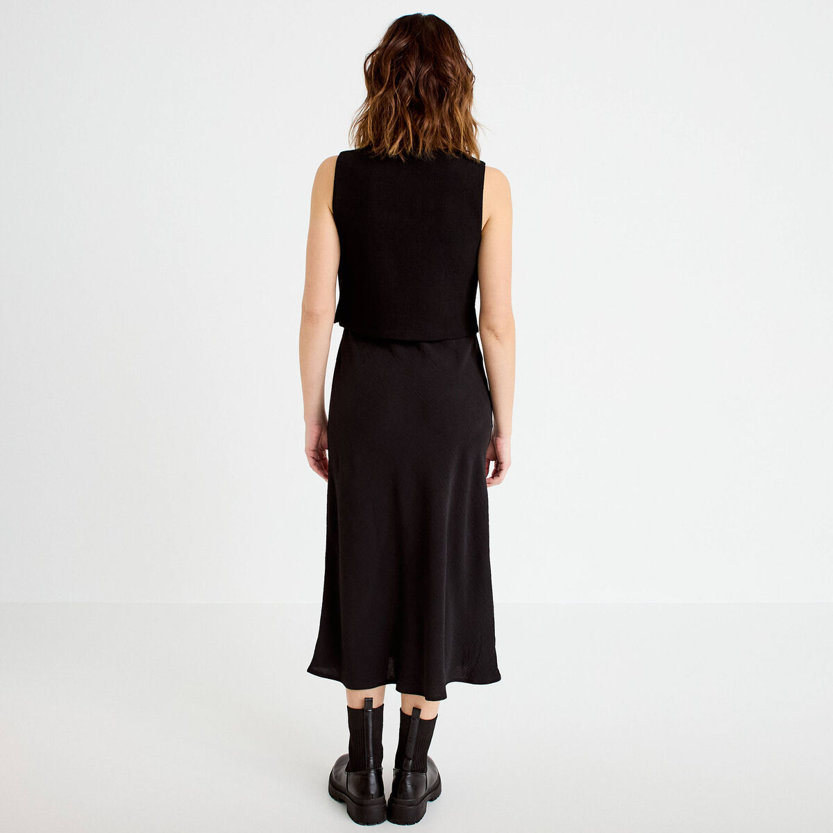 Robe bi-matière droite sans manches noir femme