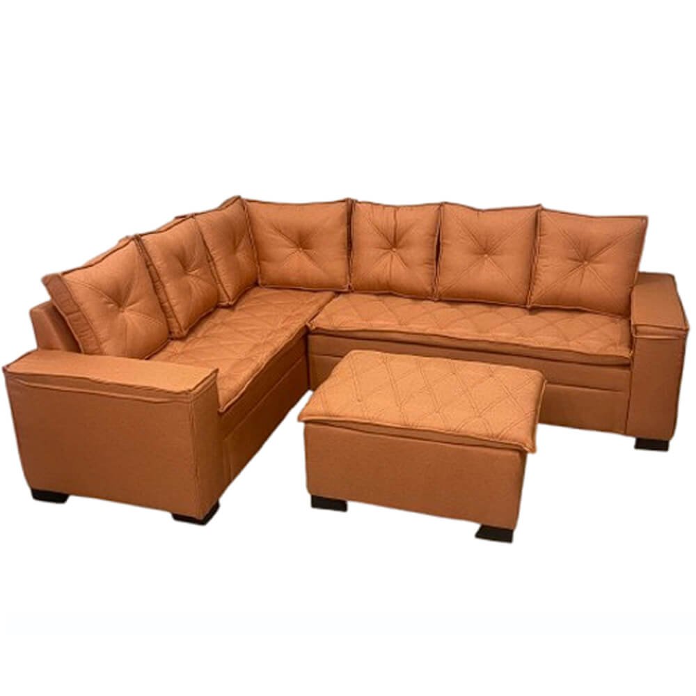 Sofá de Canto Florença 6 Lugares com Puff e Almofadas Soltas Tecido Linho União Cor Tijolo