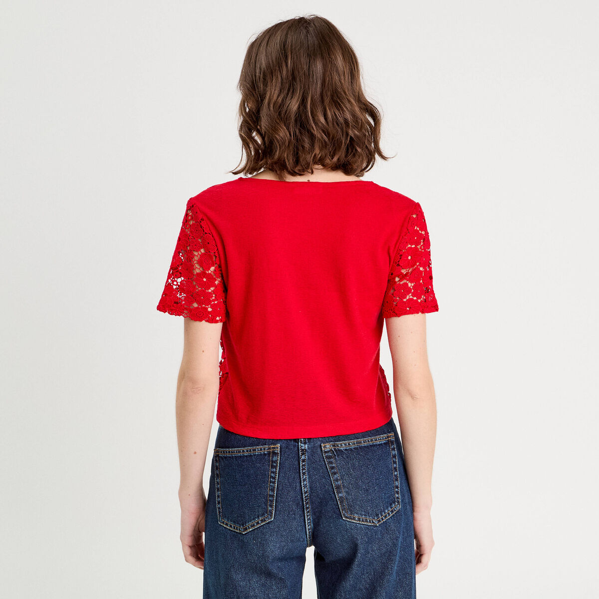 T-shirt noué dentelle guipure rouge femme