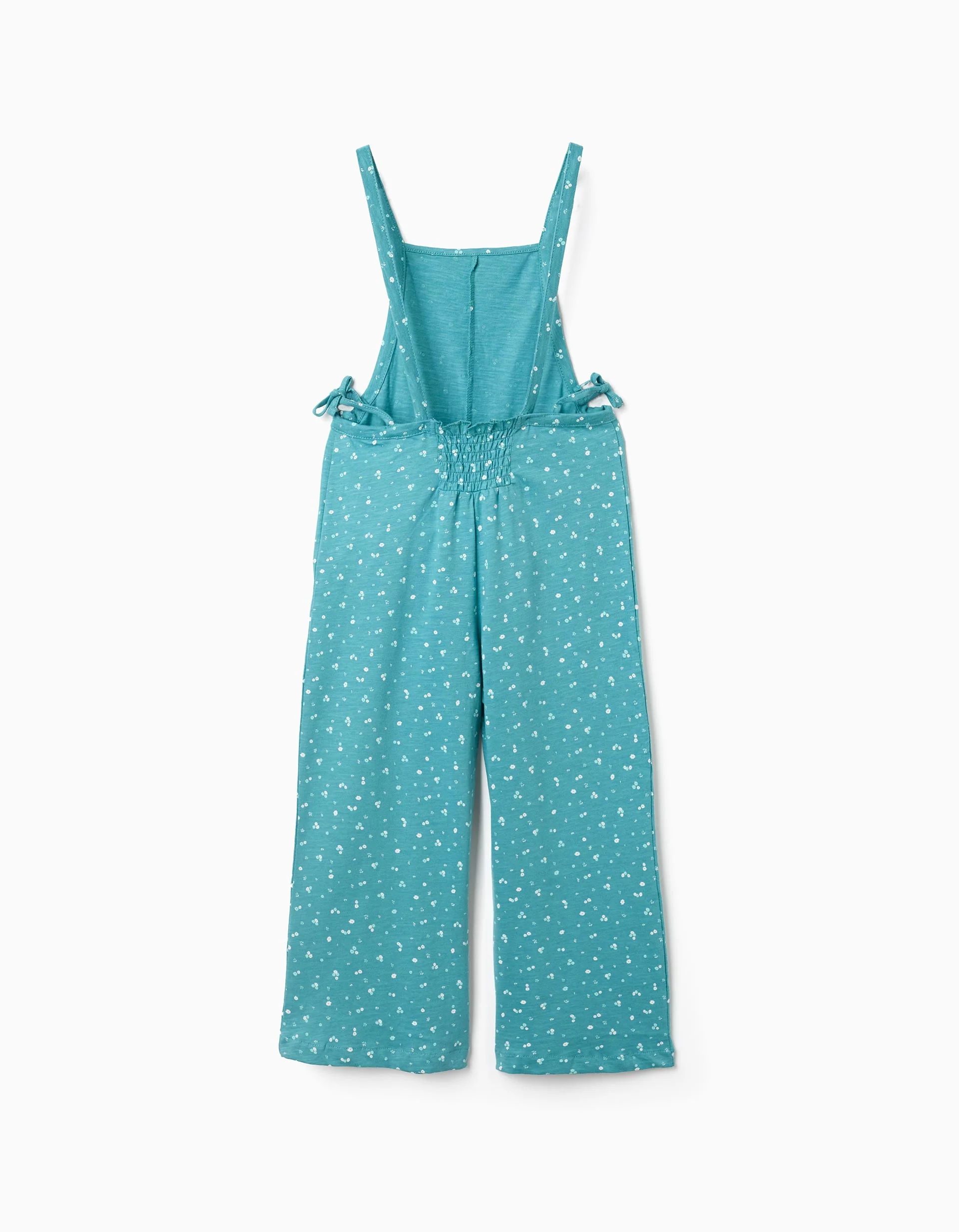 Cotton jumpsuit with floral motif for girls, turquoise blue