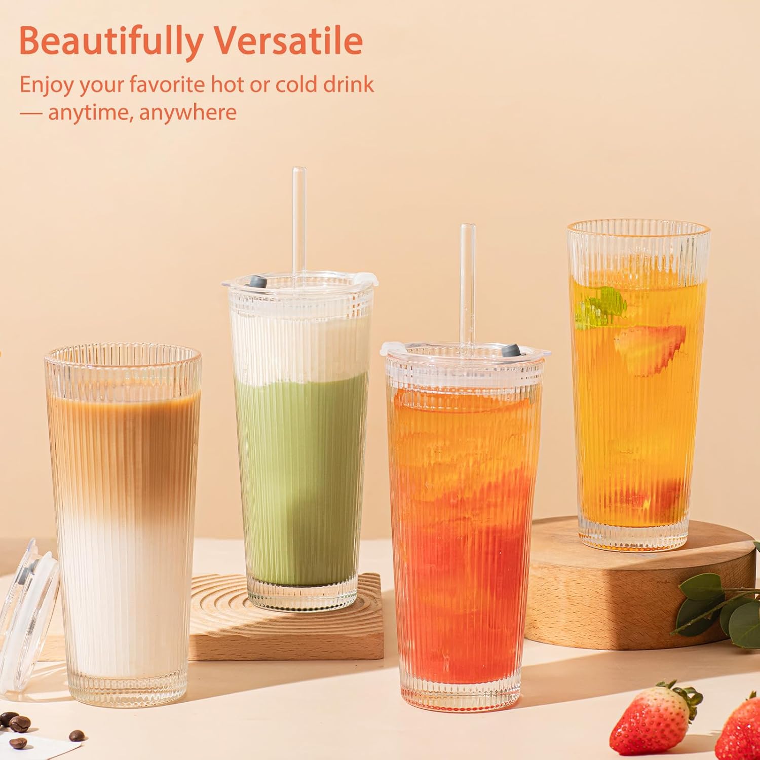 16oz Ribbed Glass Tumbler with Lid and Glass Straw  Set of 4 Glass Cups with Lids and Straws for Coffee  Smoothies  Cocktails and More  Reusable Iced Coffee Cups for Daily Use and Travel
