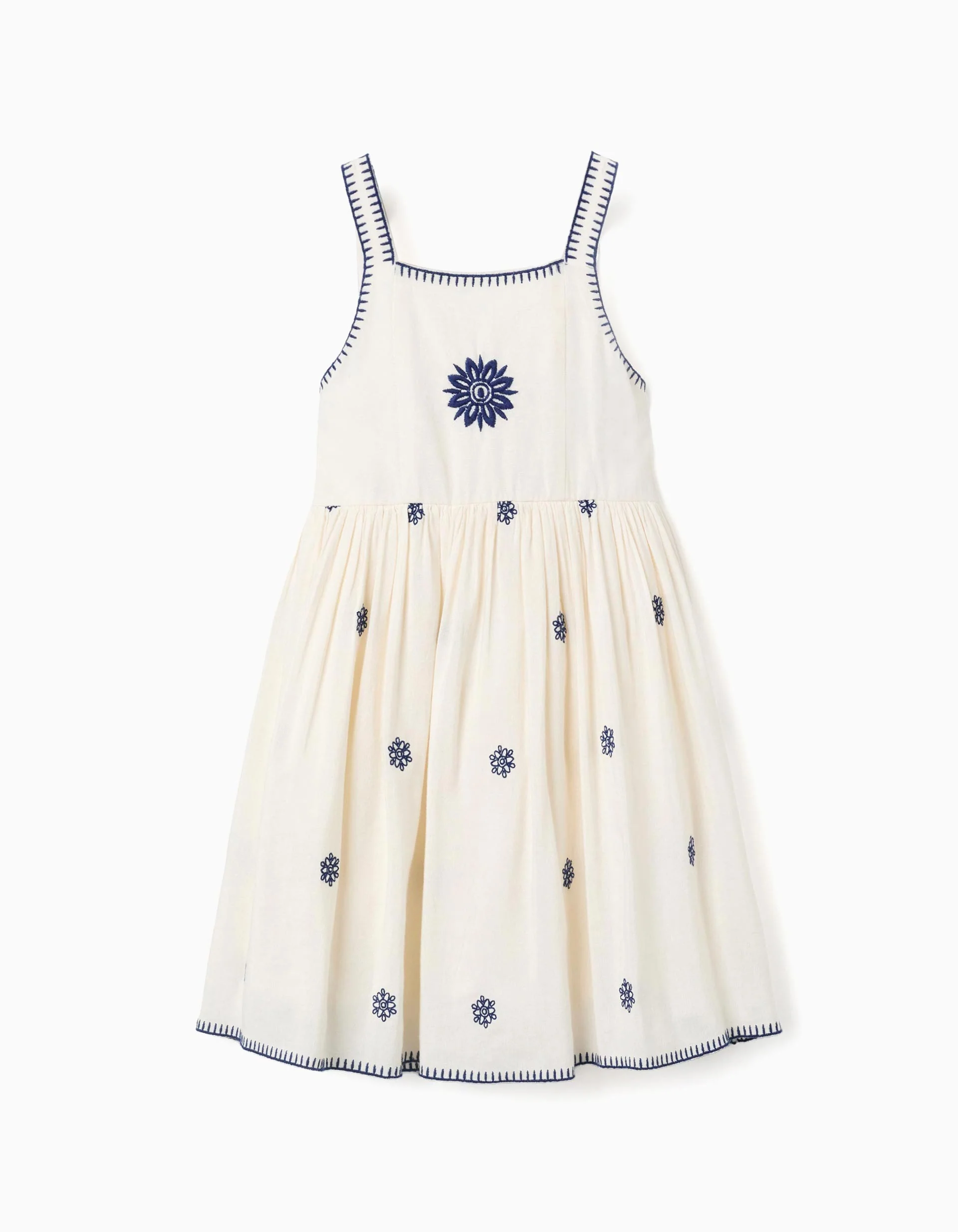 Sleeveless dress in cotton and linen with flowers for girls, beige/blue