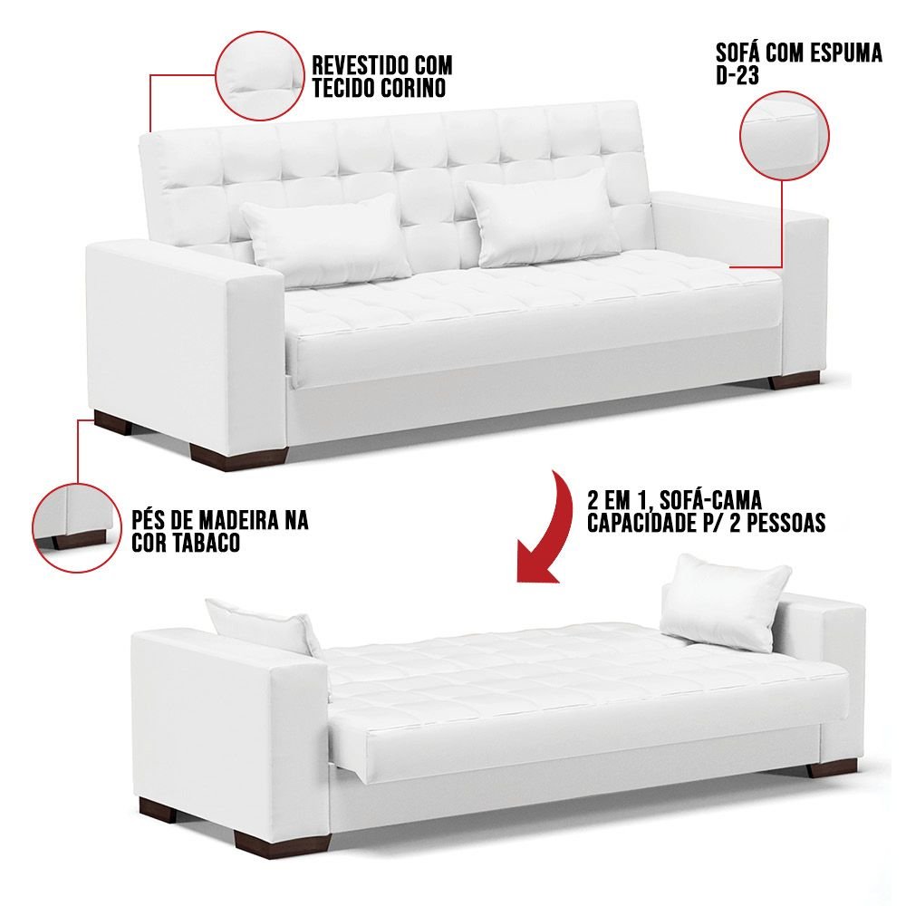 Sofá Cama 2 Lugares Lisboa Corino Branco Pés de Madeira - D'rossi