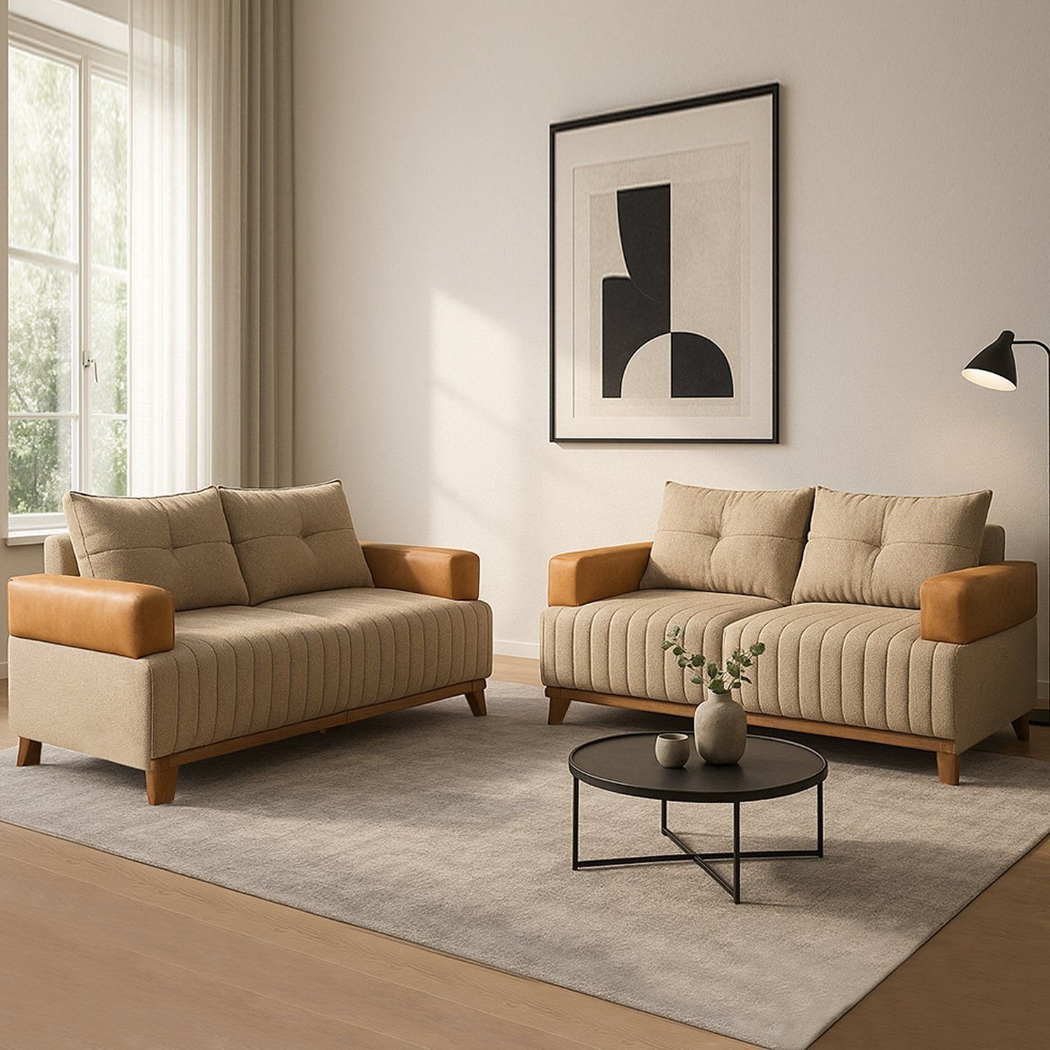 Conjunto Sofá 3 e 2 Lugares Linho Aveludado Fixo Moderno Bege Sienna