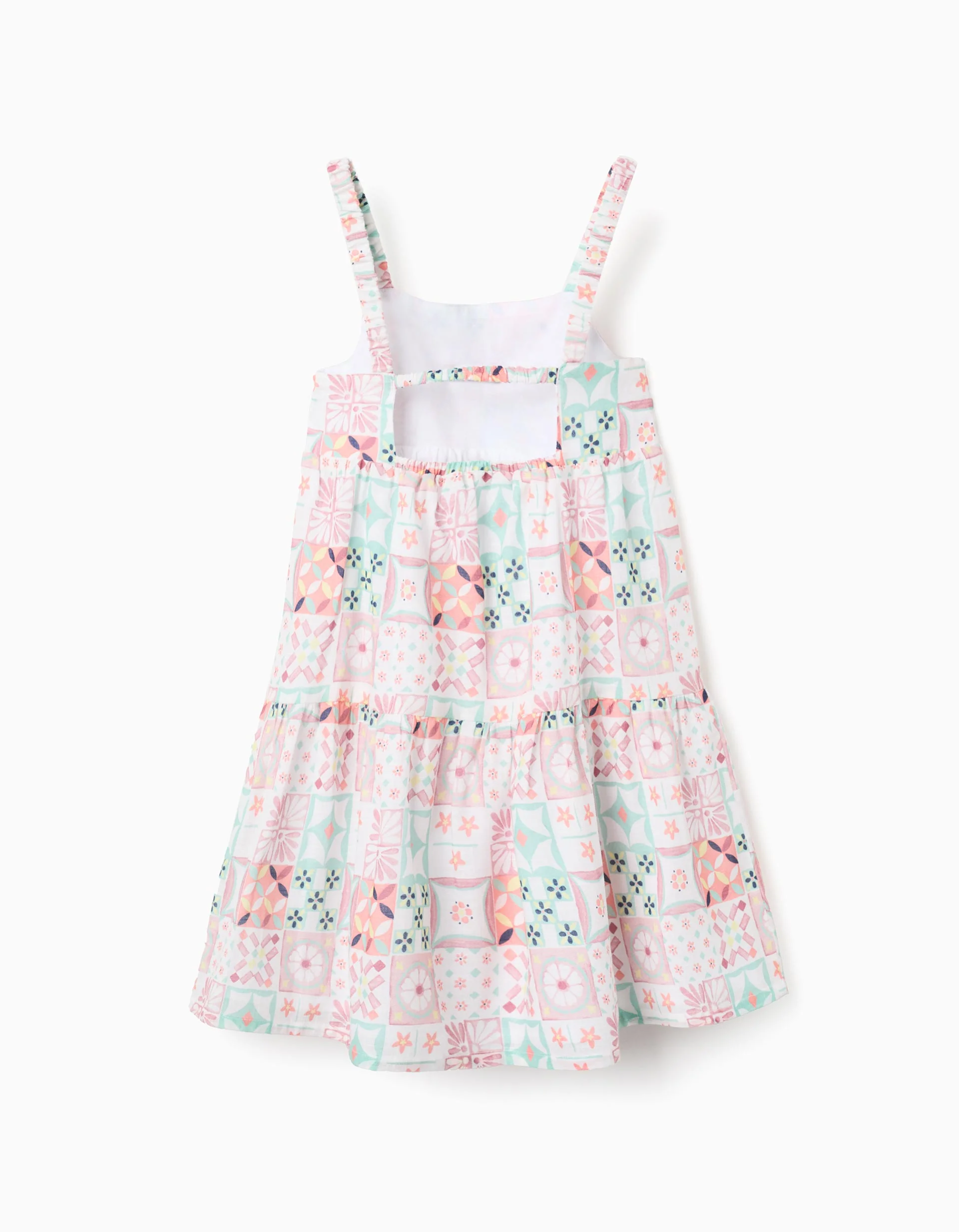 Strappy cotton dress with tile pattern for girls, multicolour