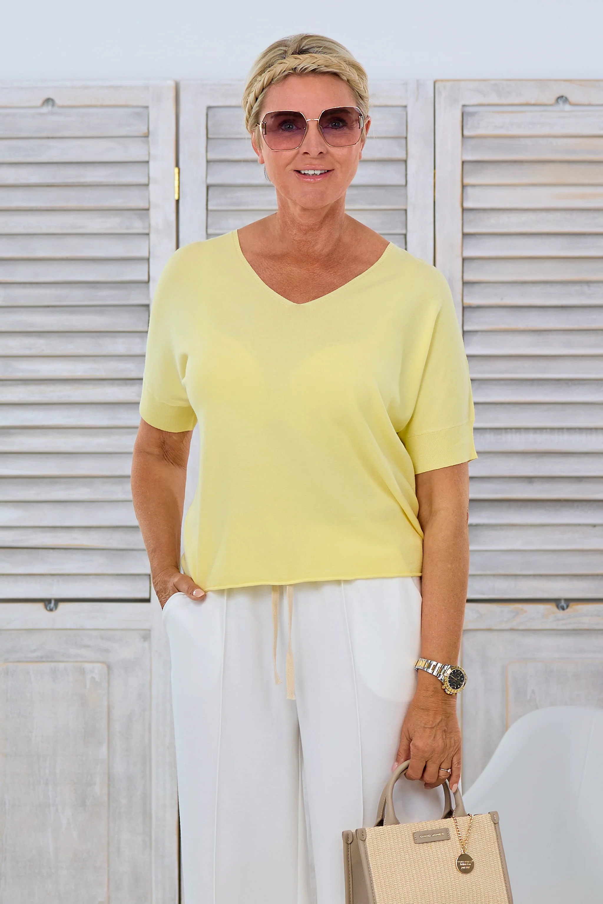 Leichter Kurzarm-Strickpulli uni , gelb