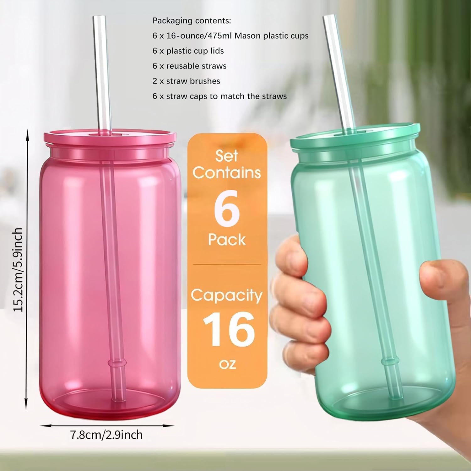 Mason Jar Cups with Lids and Straws  16 oz Reusable Plastic Tumblers for Whisky  Soda  Tea  Juice  Beer  Coffee  Milk Tea  Gifts  6 Pack (Jelly Blue  Green  Rose)