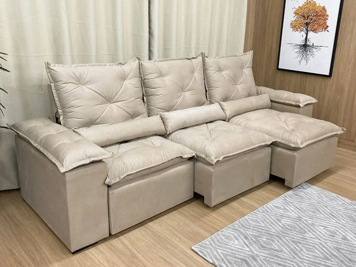 Sofá Retrátil e Reclinável 2,70m em Tecido Veludão C/pillow Nos Braços Athenas:bege