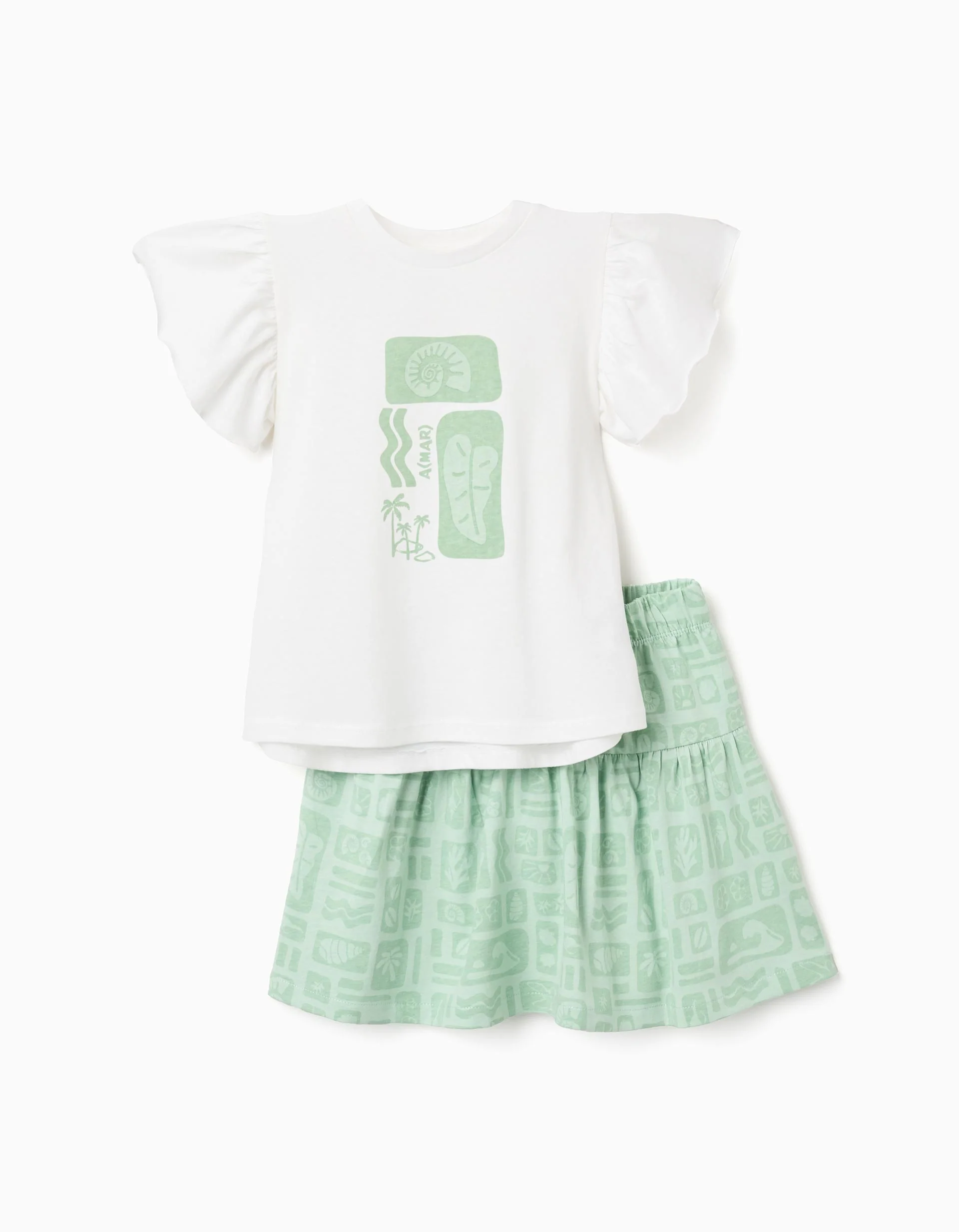 Cotton T-shirt + skirt with beach motif for girls, white/green