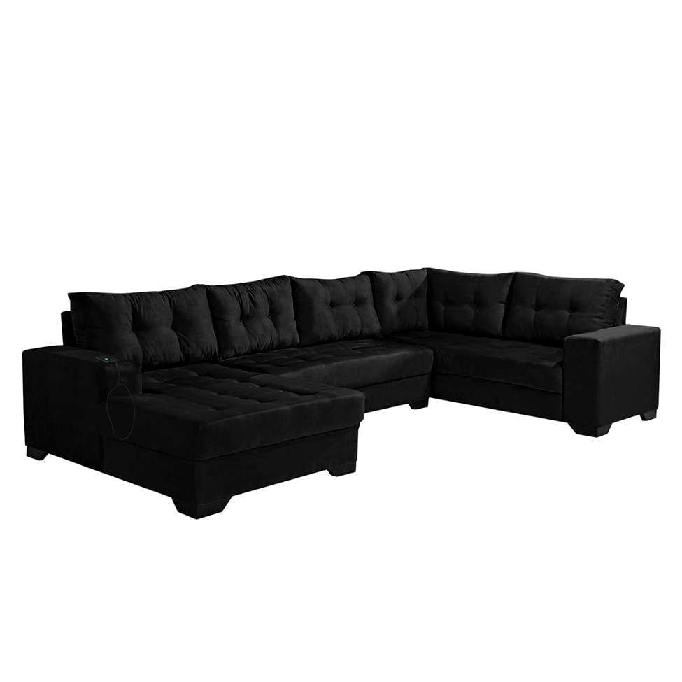 Sofá de Canto 6 Lugares Dijon com Chaise Esquerdo e Entrada USB Suede Preto em Promoção | Ofertas na Americanas