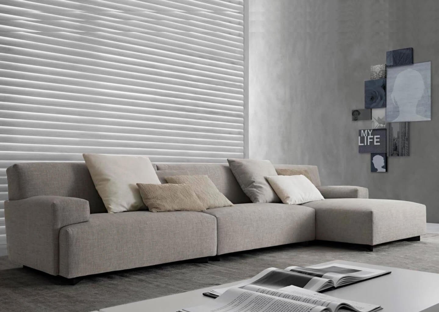 Sofá de Canto com Chaise - 2,93m x 1,61m, Linho sintético Bege