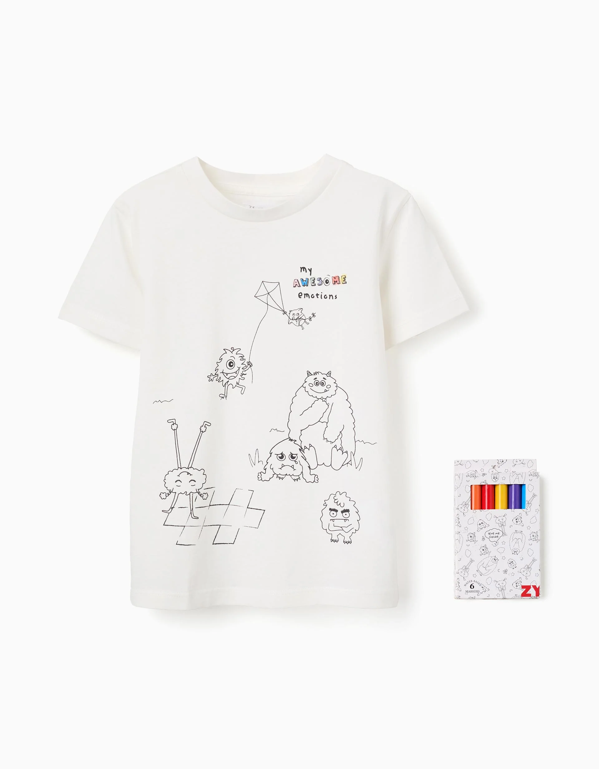 Cotton T-shirt with monsters of emotions for colouring for children, white