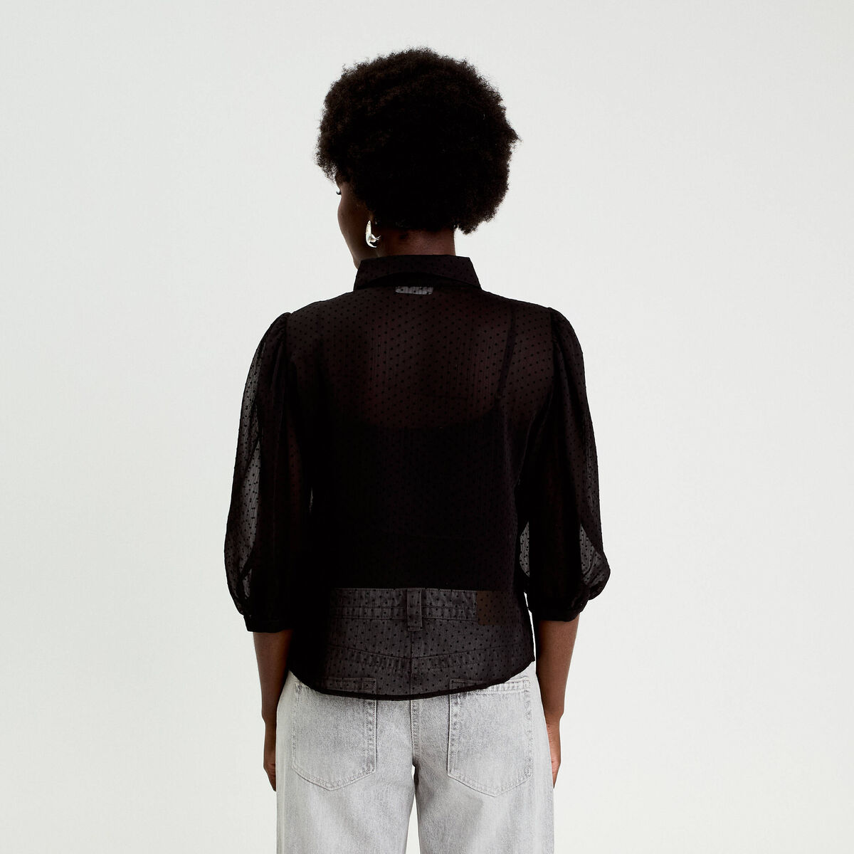 Chemise droite courte voile manches 3/4 noir femme