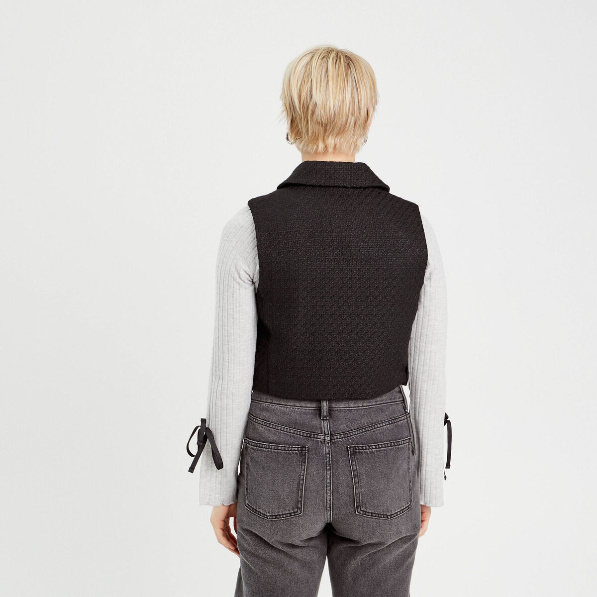 Gilet sans manches tweed noir femme