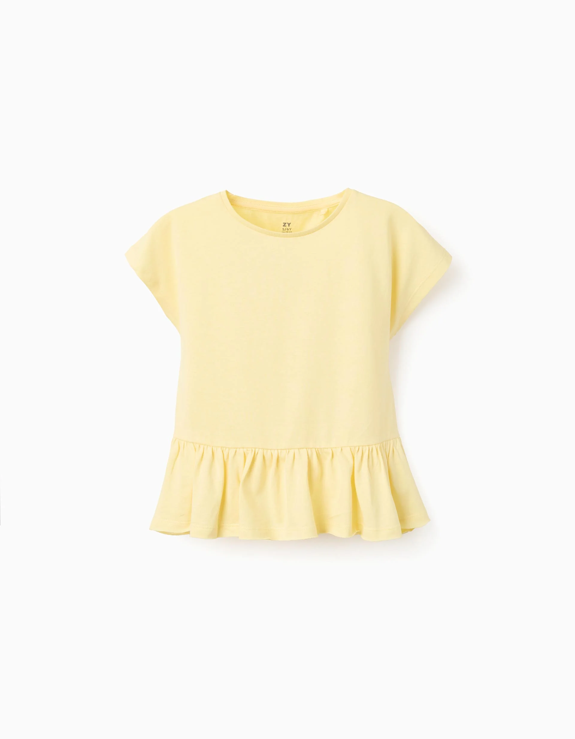 Cotton T-shirt with ruffled hem for girls, yellow