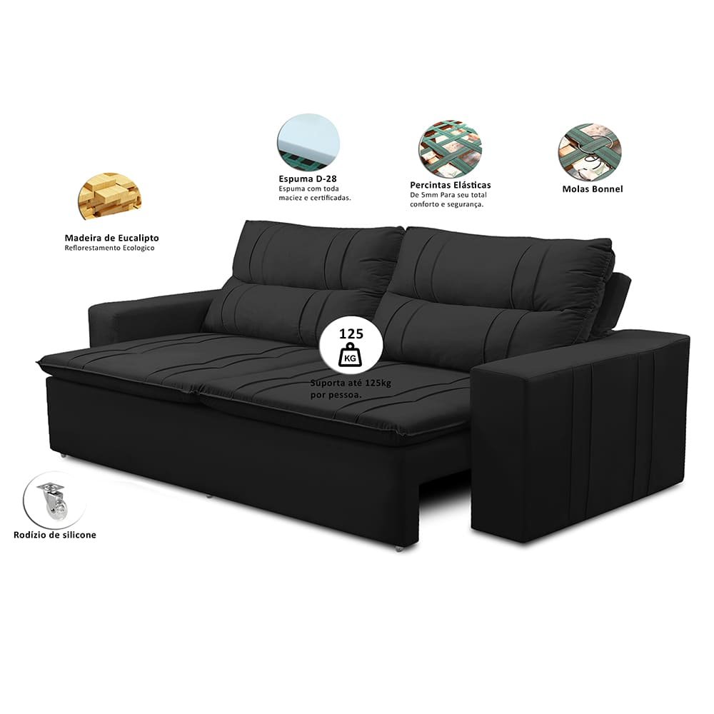 Sofá Retrátil e Reclinável 2 Lugares com Molas 1,50m Eloa Suede Preto Madelina
