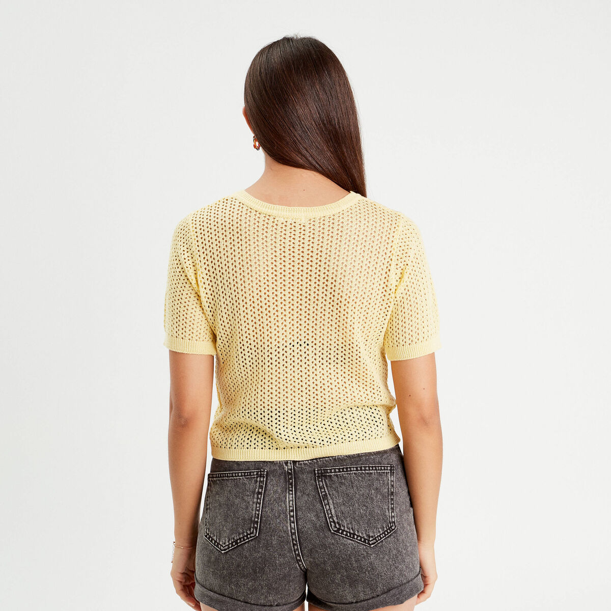 Pull manches courtes ajouré jaune moutarde femme