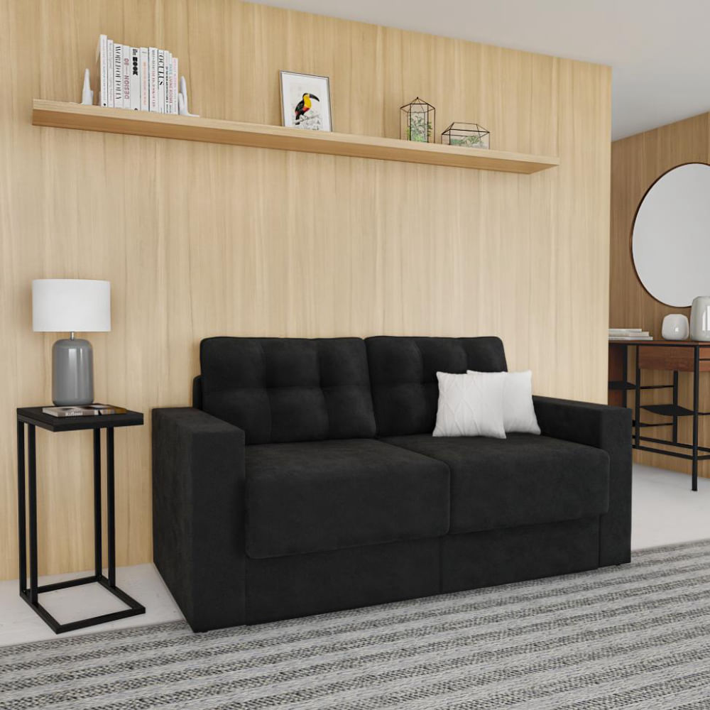 Sofá 3 Lugares Retrátil Colônia Suede Preto 180 cm