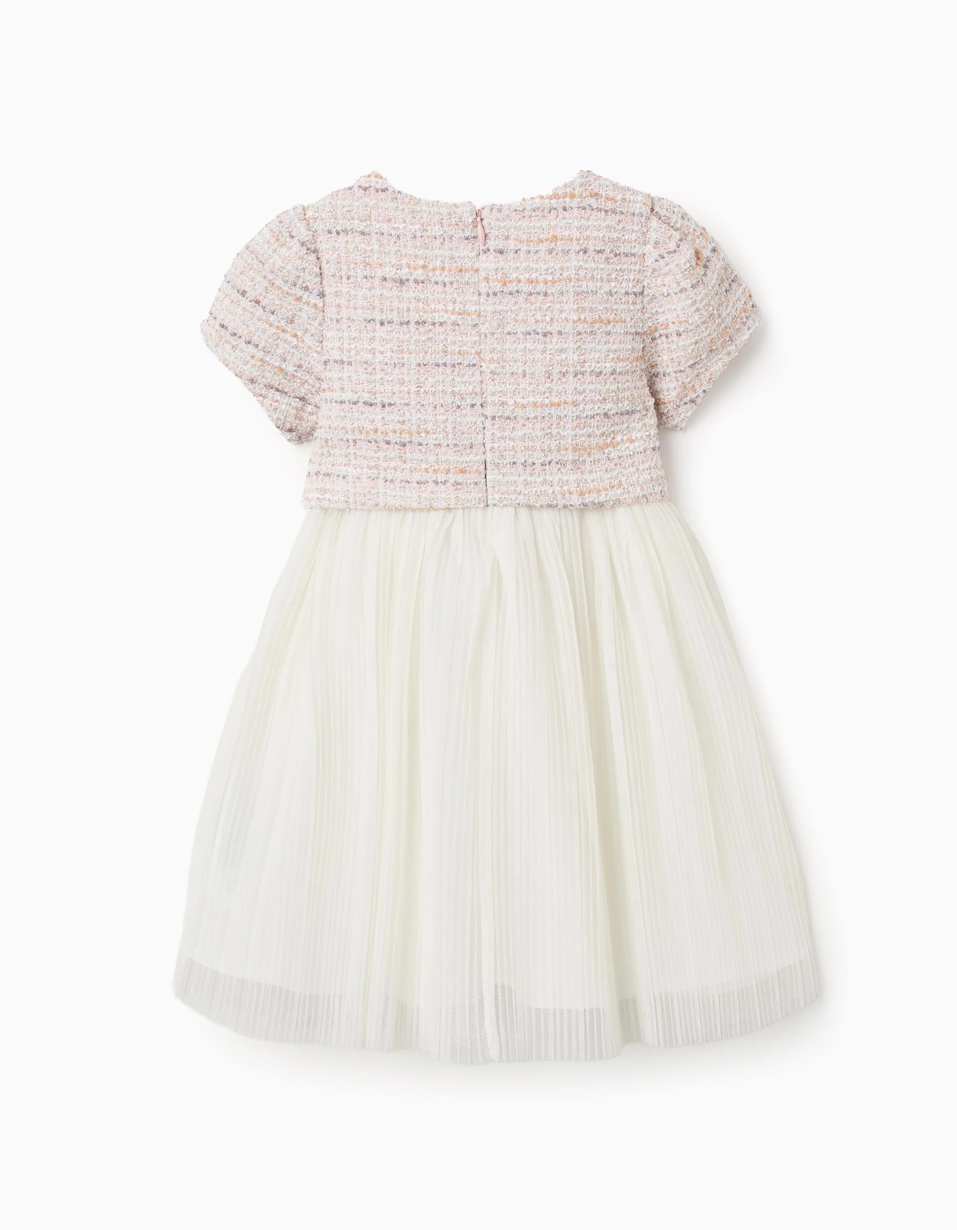 Dual-fabric short sleeve dress in tweed and mesh for baby girls, pink