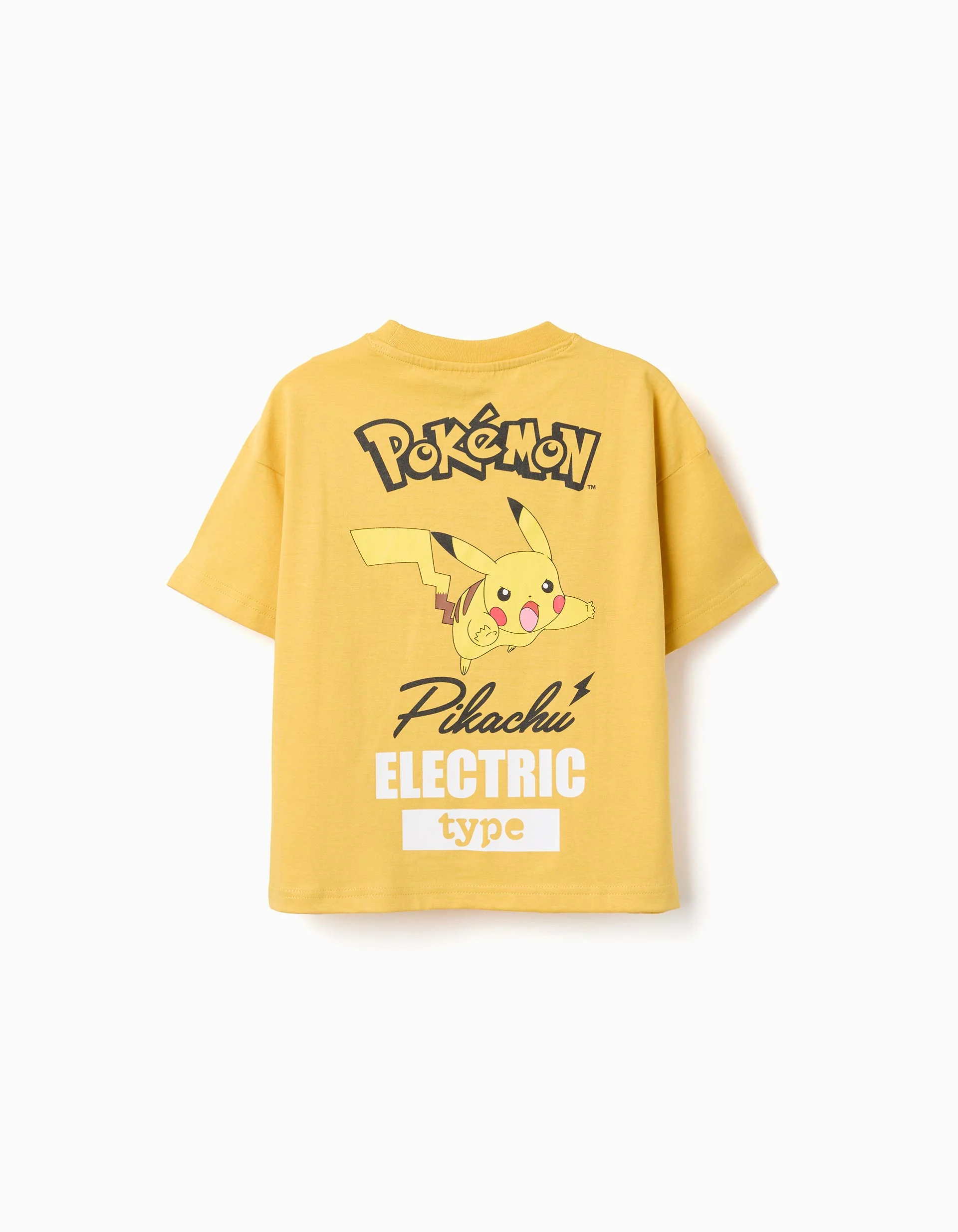 Cotton T-shirt with Pikachu front and back prints for boys, yellow