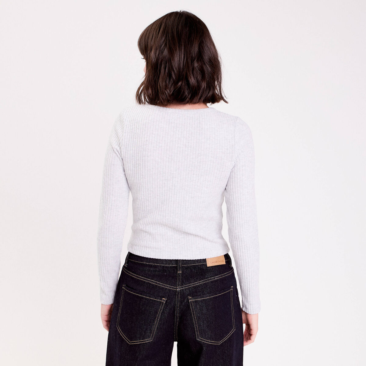 Pull duveteux col rond manches longues gris clair femme