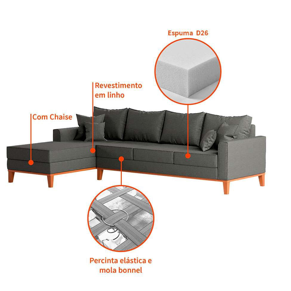 Sofá 4 Lugares Beny Com Chaise Esquerdo Linho Grafite em Promoção | Ofertas na Americanas