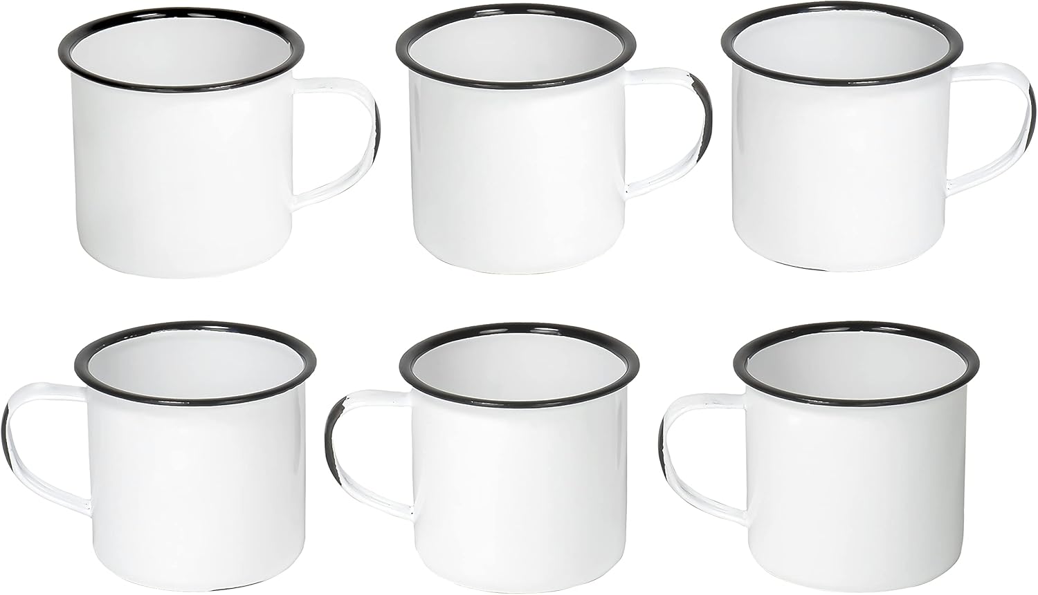 Set of 6 Enamelware Metal Medium Classic 12 Oz Round Coffee and Tea Mug with Handle  Distressed White/Black Rim