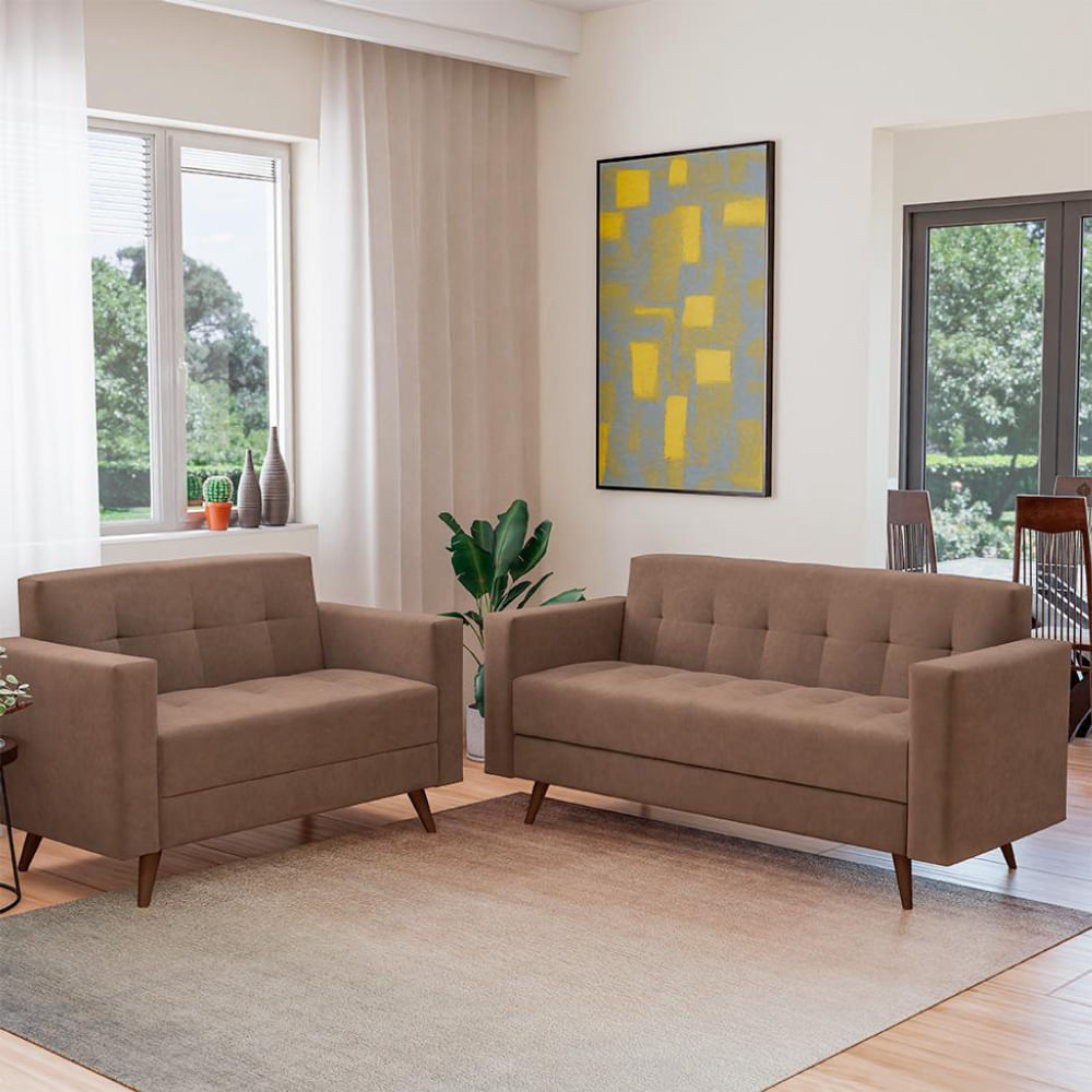 Conjunto de Sofá 2 e 3 Lugares Vitrola Suede Tabaco