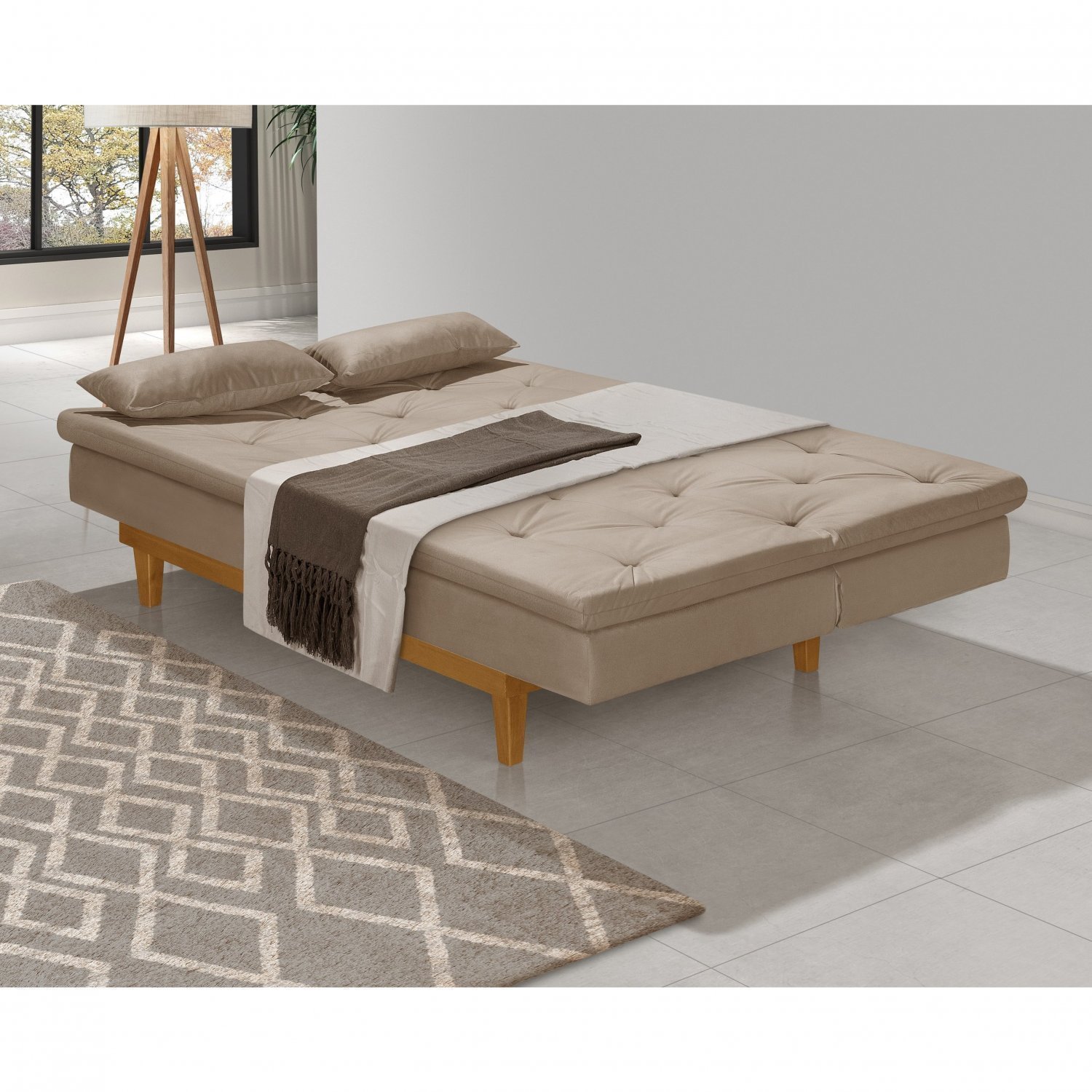 Sofá Cama 3 Lugares Reclinável Yescasa Suede Marrom Tokio Retro Pés Madeira