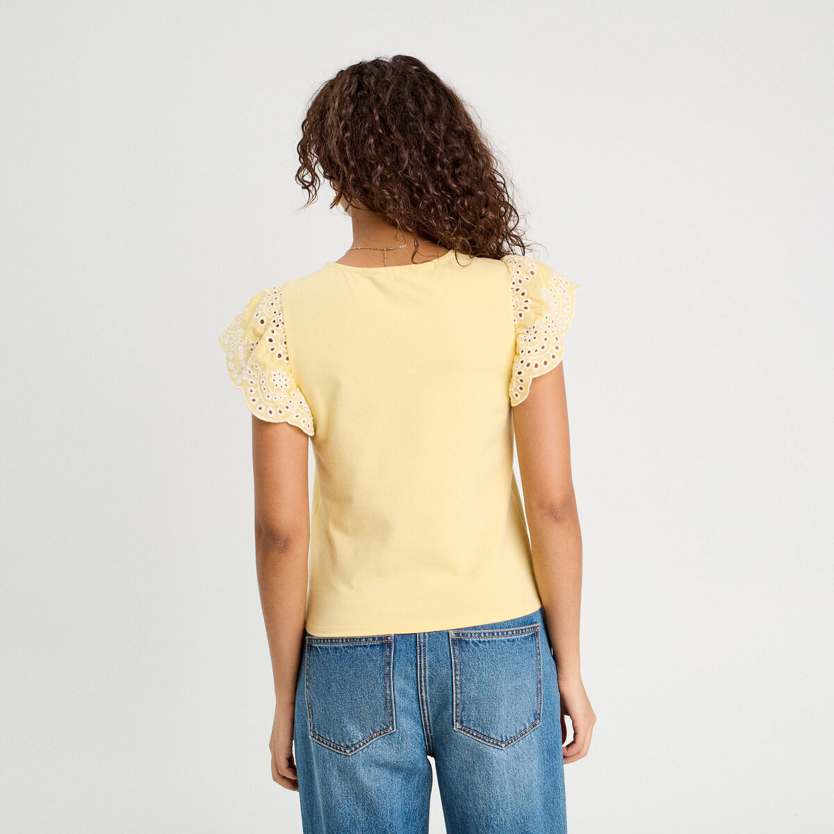 T-shirt manches brodées jaune clair femme