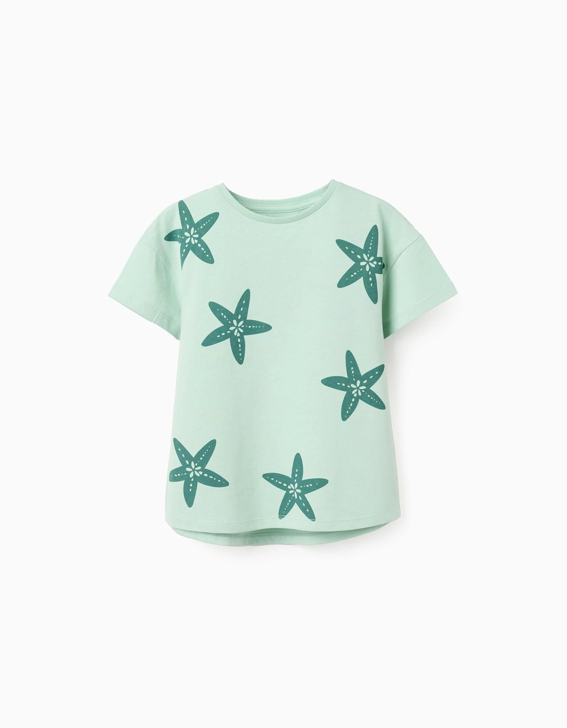 Cotton T-shirt with starfish print for girls, light green
