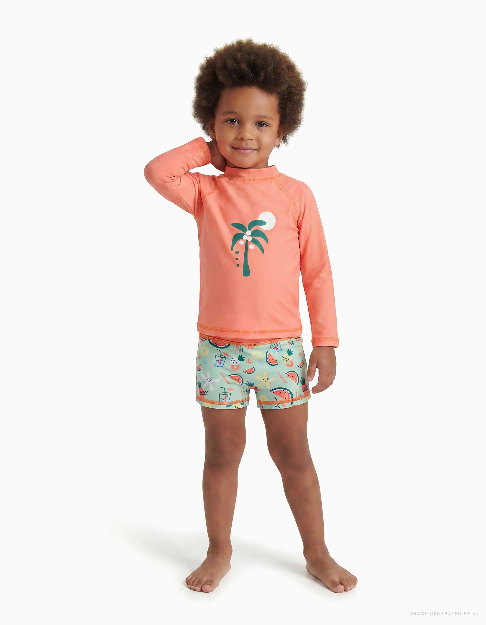 Swim set with UV 40+ protection and motif for baby boys, orange/green