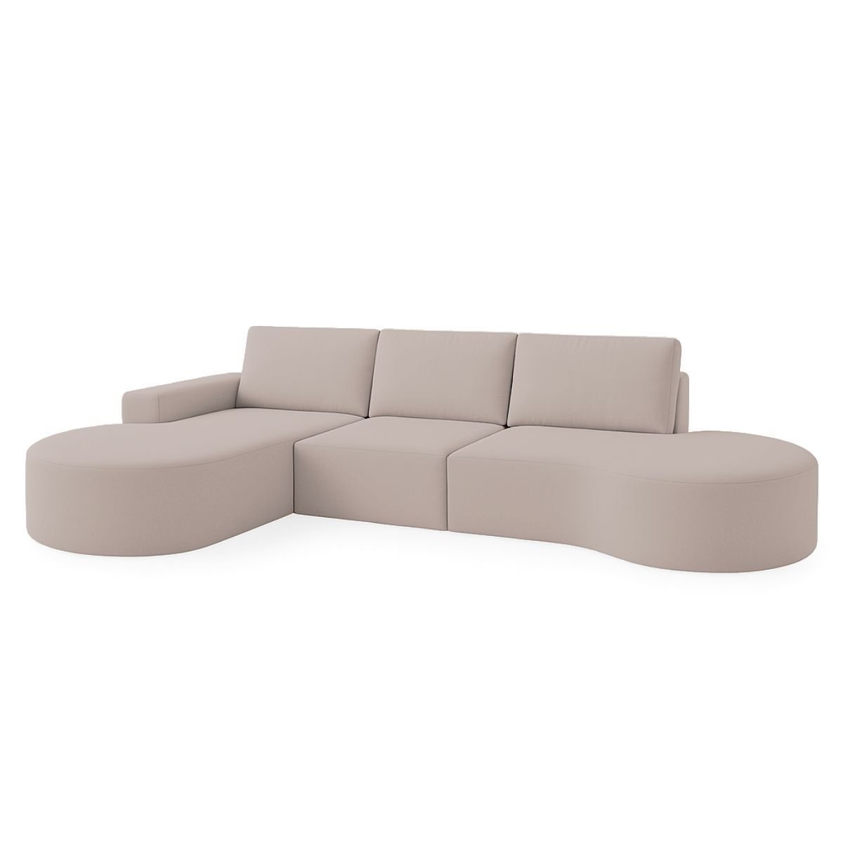 Sofá Living com Chaise e Puff 03 Lugares com Molas Ensacadas no Assento Tecido Bouclé Bege 3,15m