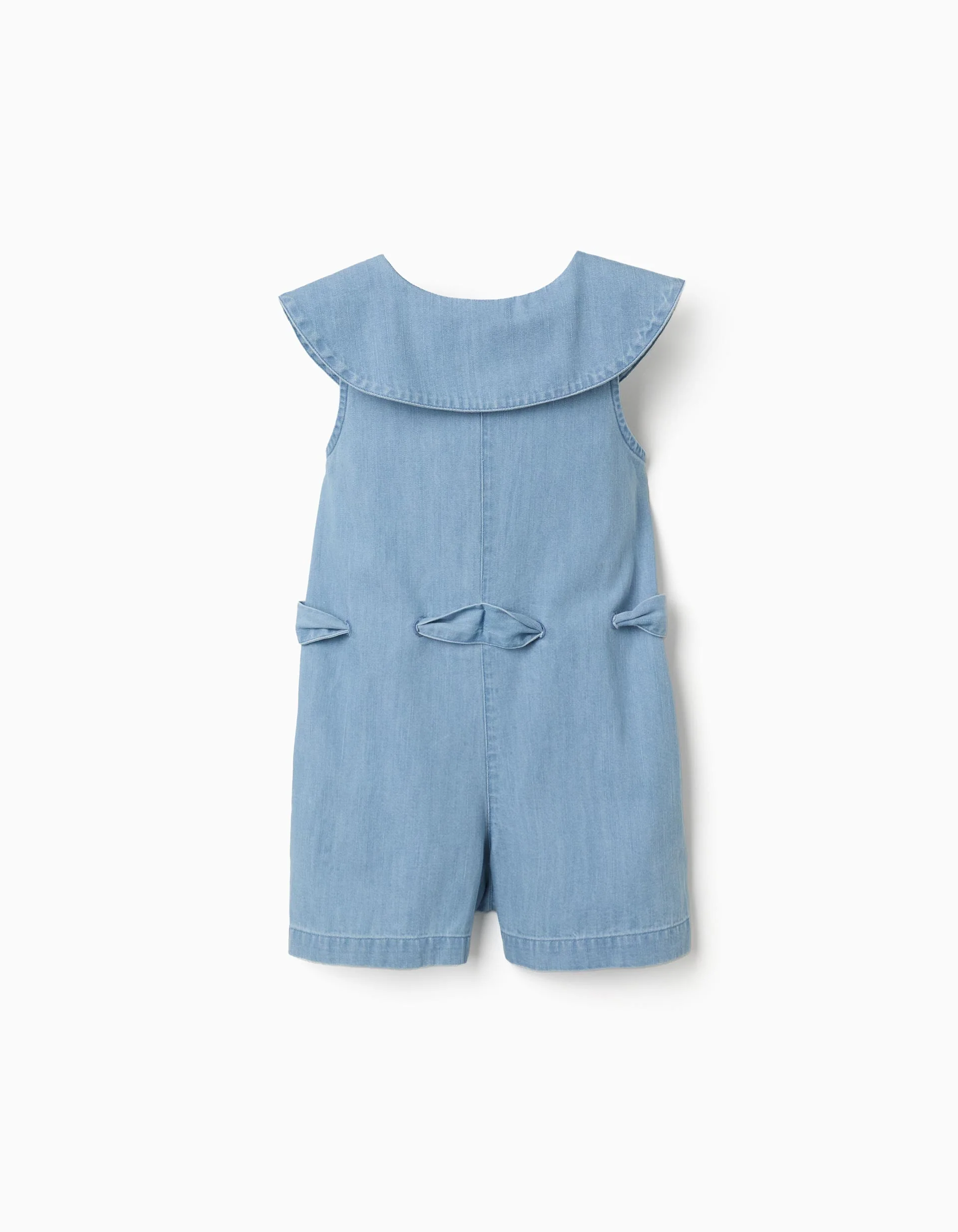 Denim sleeveless short jumpsuit with belt for girls, light blue