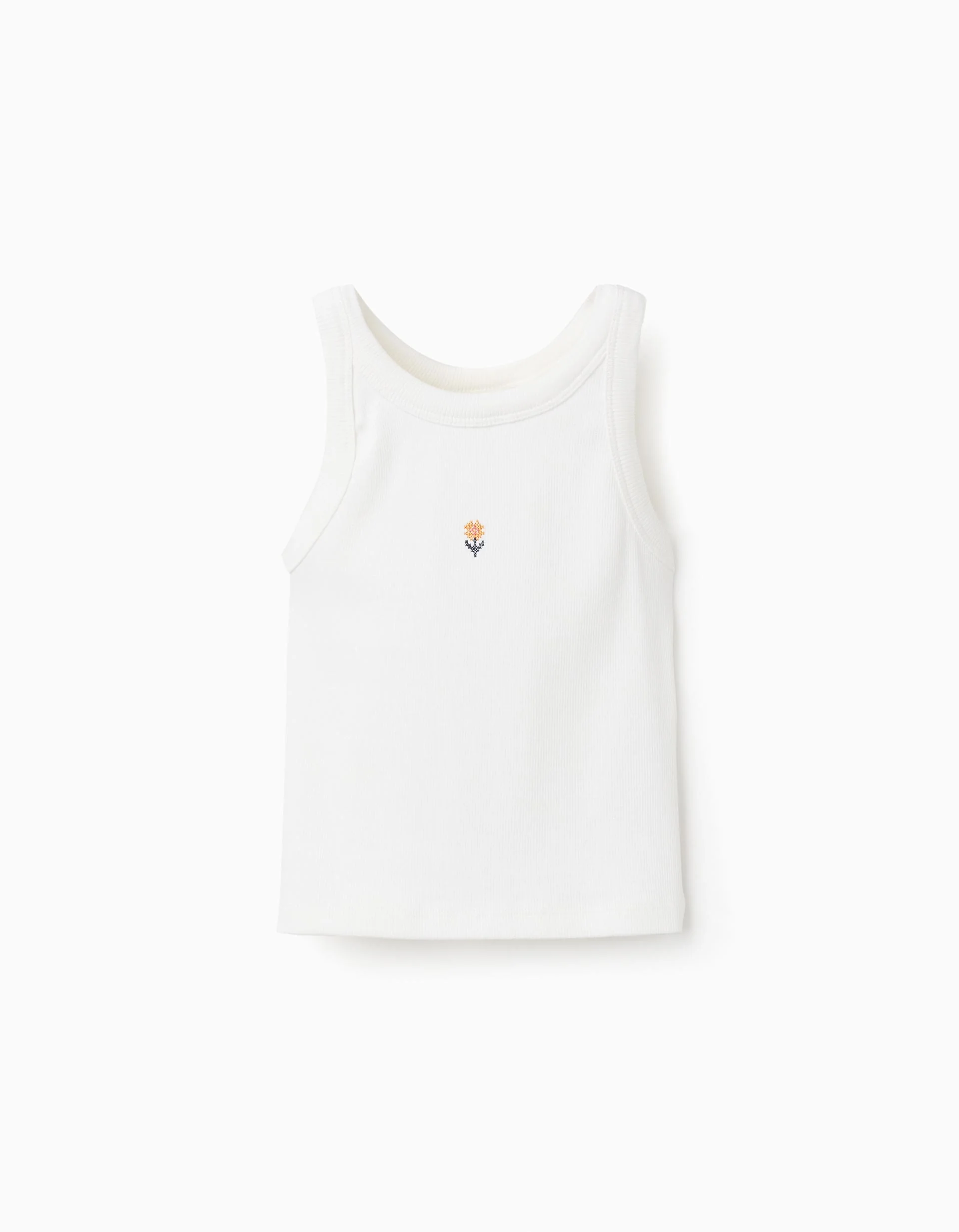Ribbed tank top with embroidered flower for girls, white