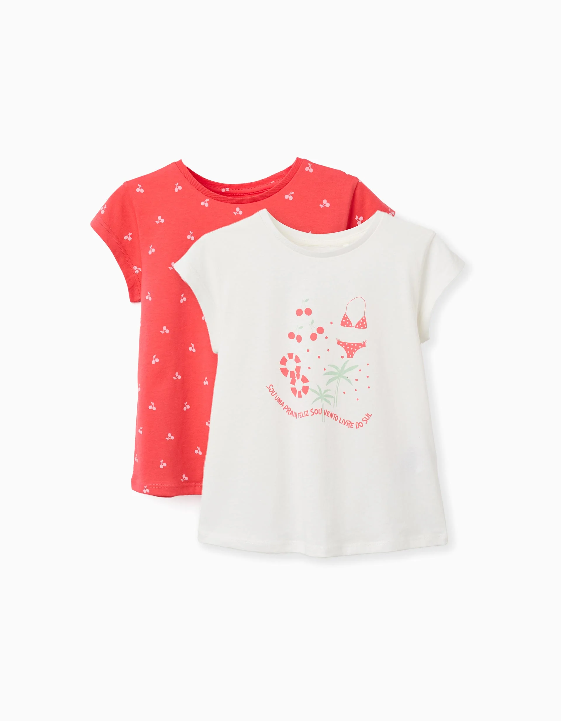 Pack of 2 cotton T-shirts with summery prints for girls, coral/white