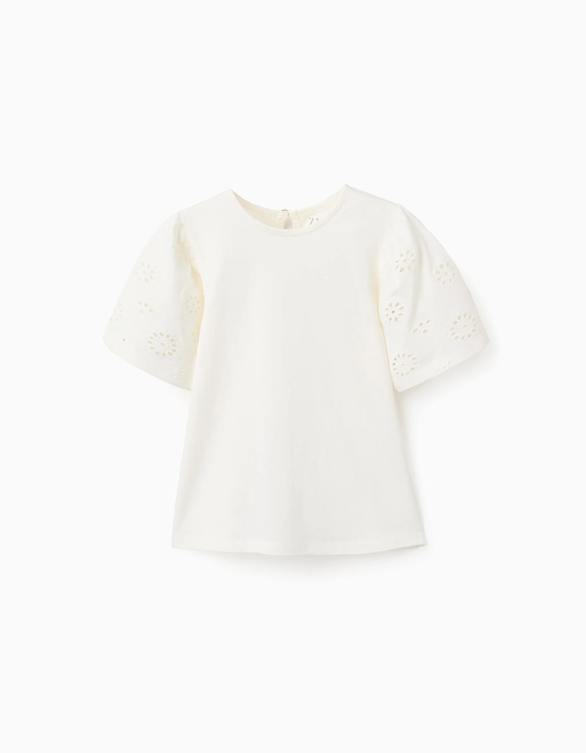 Cotton T-shirt with sleeves in broderie anglaise for girls, light beige