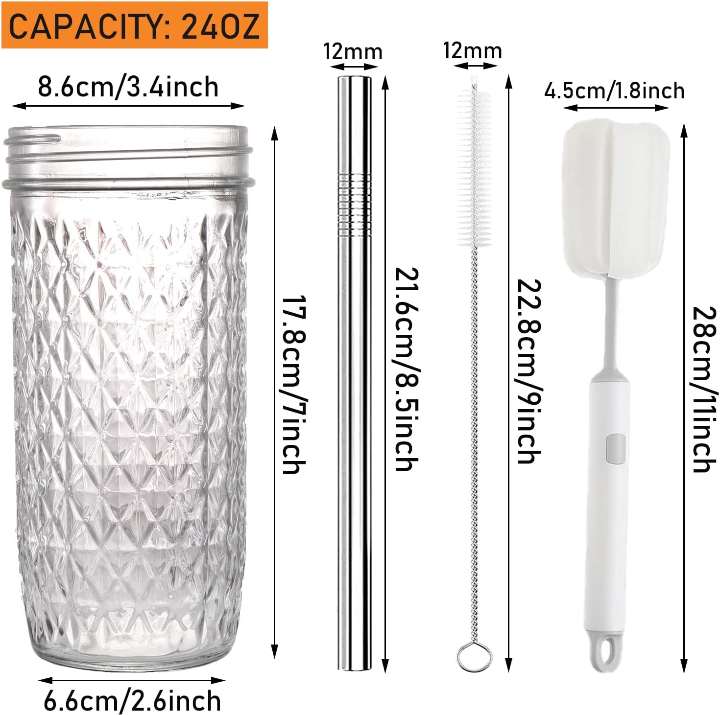 2 Pcs Glass Cups Set - 24oz Mason Jar Drinking Glasses with Bamboo Lids & Straws & 2 Airtight Lids  Cute Reusable Smoothie cup  Iced Coffee Glasses  Travel Tumbler for Bubble Tea  Juice