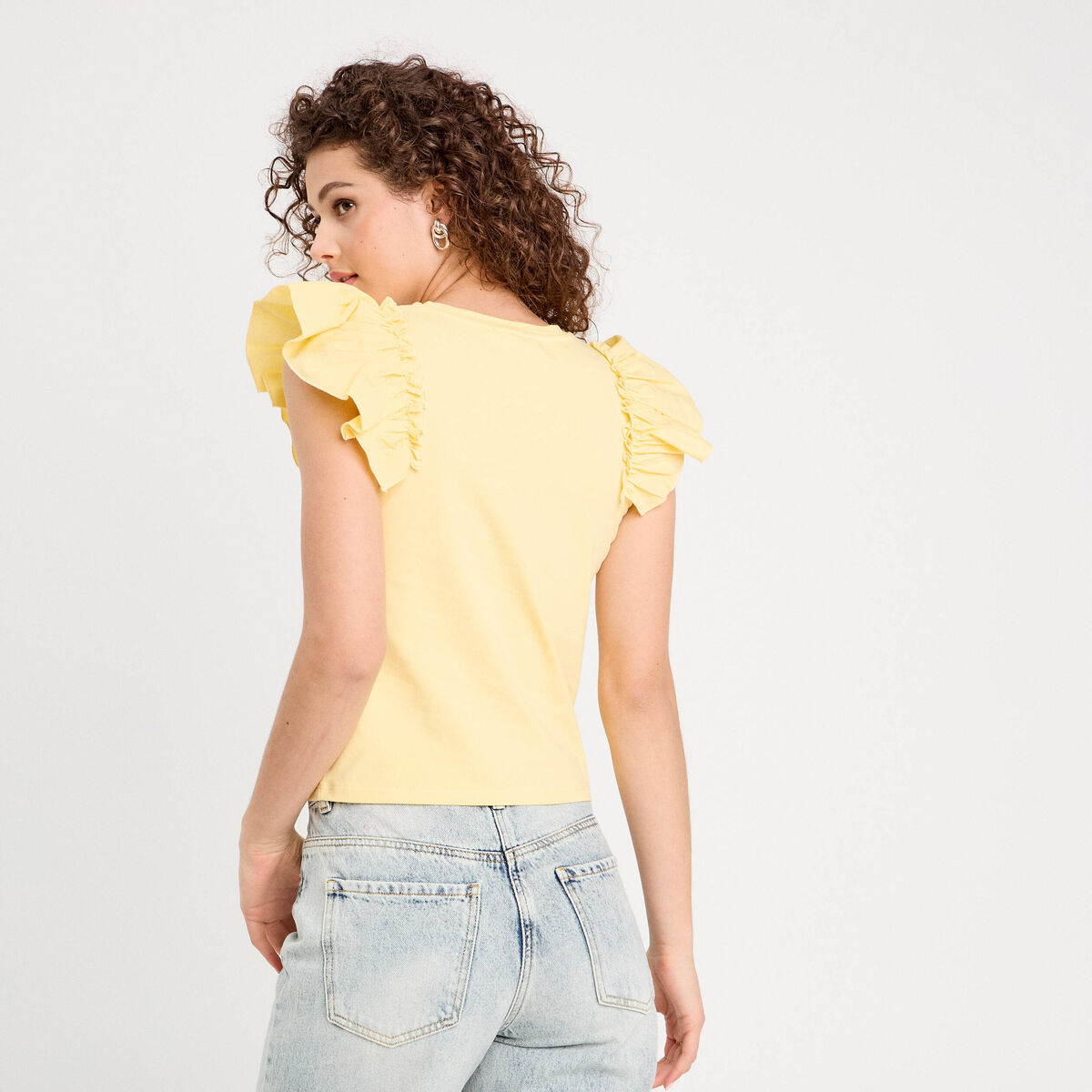 T-shirt manches volants jaune clair femme
