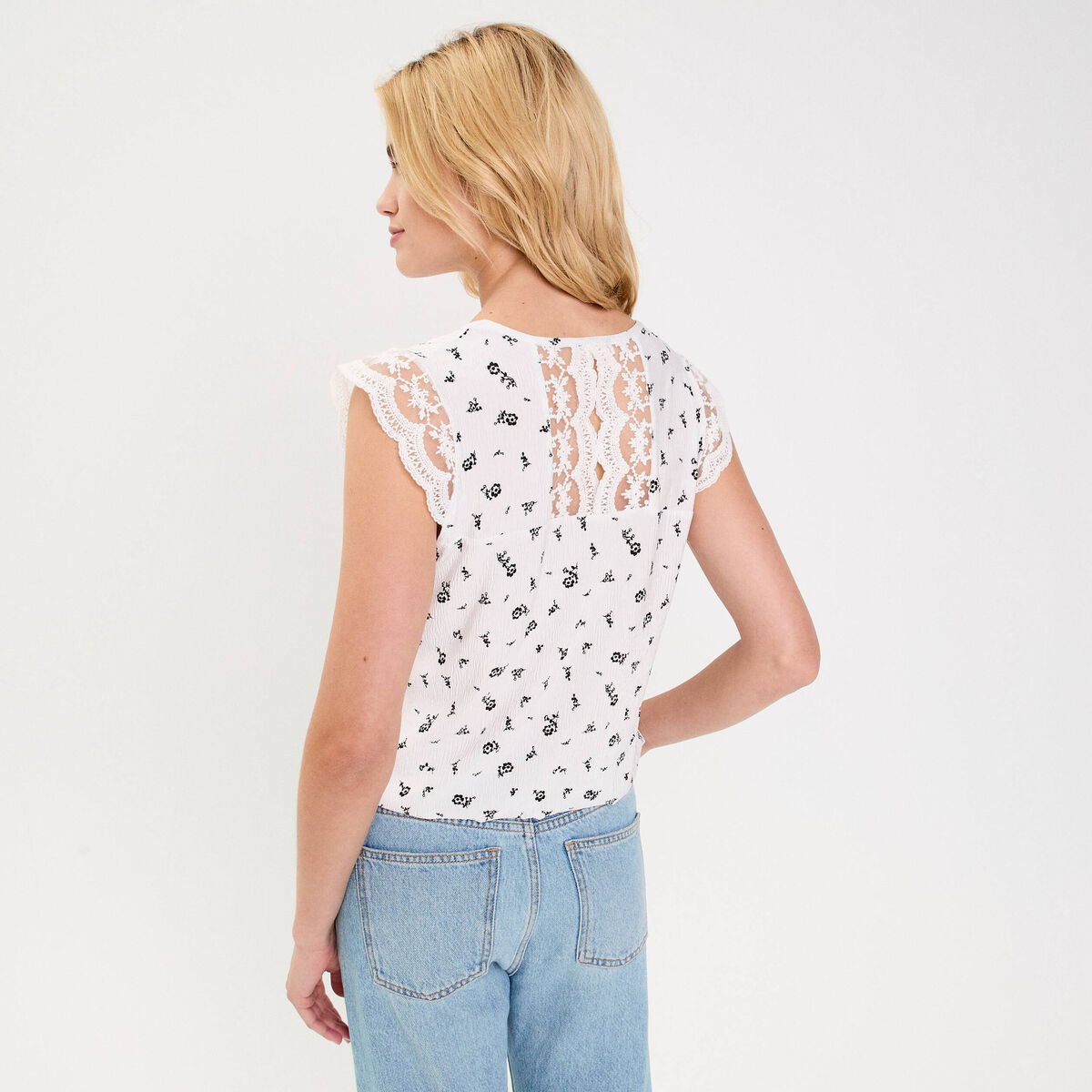 Blouse courte sans manches dentelle blanc femme