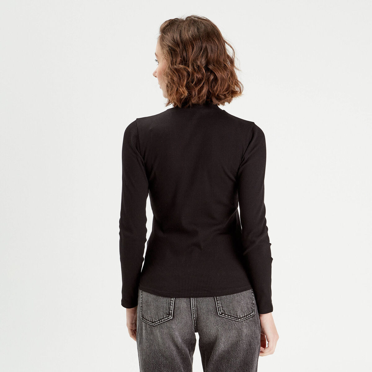 T-shirt manches longues côtelé noir femme