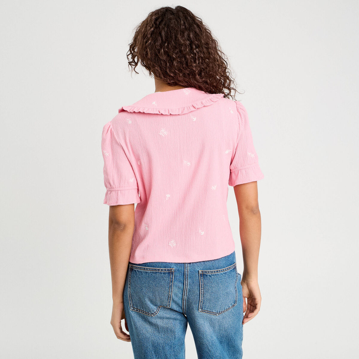 Blouse nouée brodée rose poudrée femme