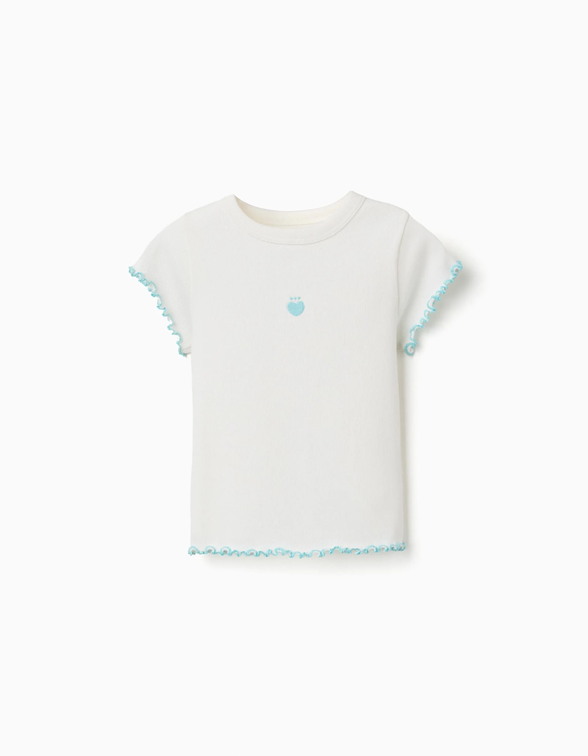 Ribbed T-shirt with wavy ends for girls, white/blue
