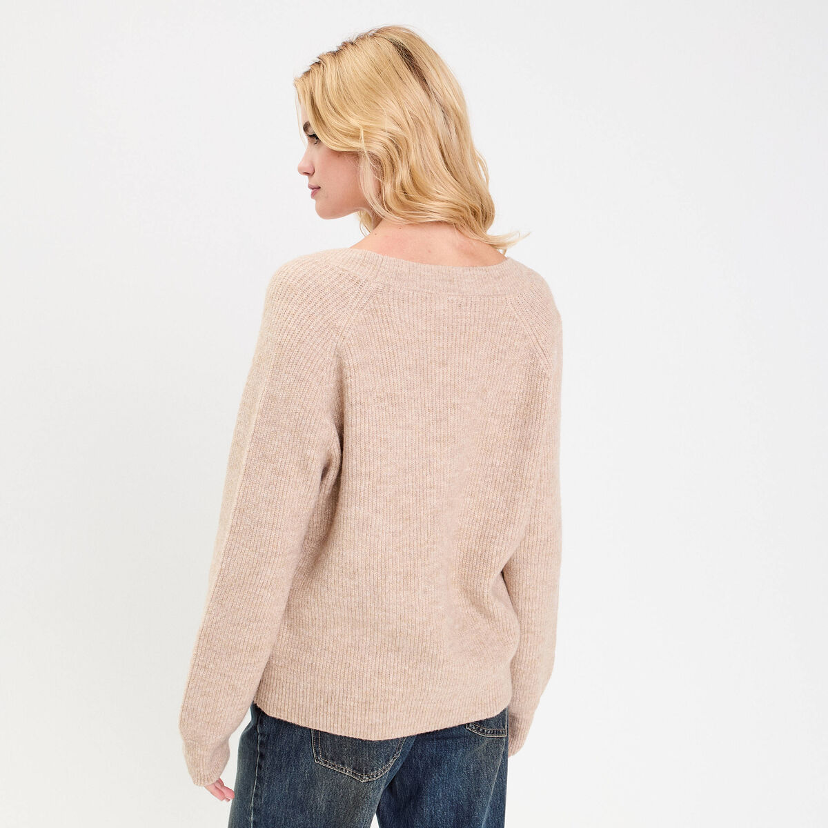 Pull avec col en V beige femme