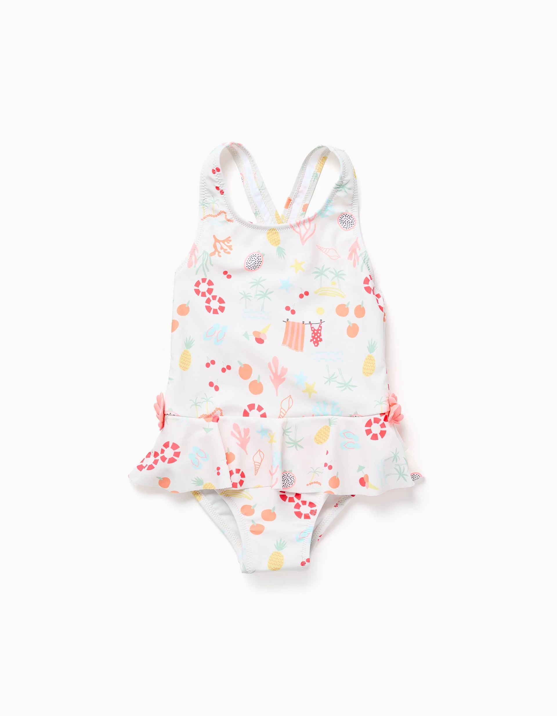 Swimsuit with beach motif and lining for baby girls, white